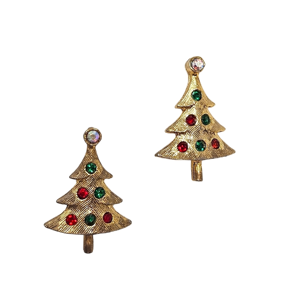 Vintage Gold Tone Christmas Tree Earrings Green Red AB Rhinestones Small Pierced